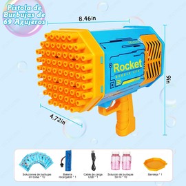 Sendowtek Pistola de Burbujas Eléctrica Máquina de Burbujas de 69 Hoyos Juguetes para Hacer Burbujas Bubble Gun con Luces LED de Colores y Solución de Burbujas para Boda, Cumpleaños, Fiesta (Azul)