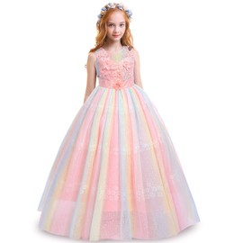Flower Girl Lace Floor Length Dress for Kids Wedding Bridesmaid Pageant Party Formal Long Ball Gown Princess Communion Tulle Dance Evening Dresses Rainbow 7-8 Years