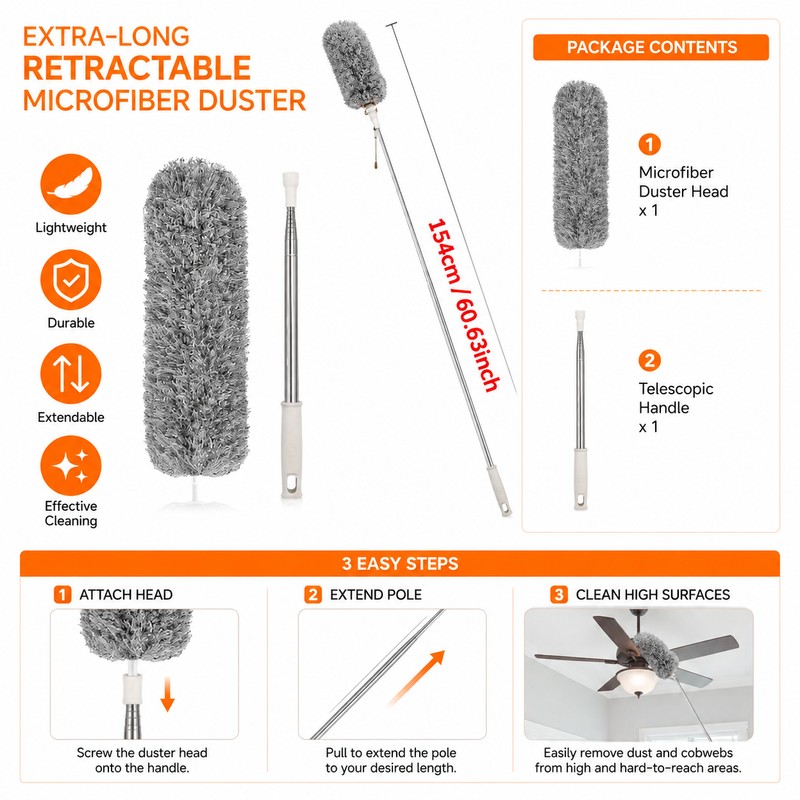 Extendable Microfiber Duster for High Cleaning – 60.63-Inch Bendable Washable