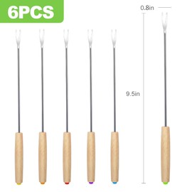 ZukoCert 6Pcs Stainless Steel Fondue Forks, Color-Coded 9.5 Inch Fondue Sticks with Wooden Handle, Heat Resistant Skewers for Cheese, Chocolate Fountain, Roast Marshmallows, Fruits