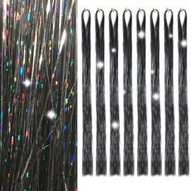 Hair Tinsel 8 Packs 1600 Strands 50 Inch Tinsel Hair Extensions Black Heat Resistant Glitter Sparkling Shinny Fairy Hair Accessories for Women(Black, 50Inch)