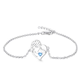 YL Mother and Daughter Bracelet 925 Sterling Silver cut March Birthstone Aquamarine Blue Heart Bracelet for Mom Women,Chain 18-20CM