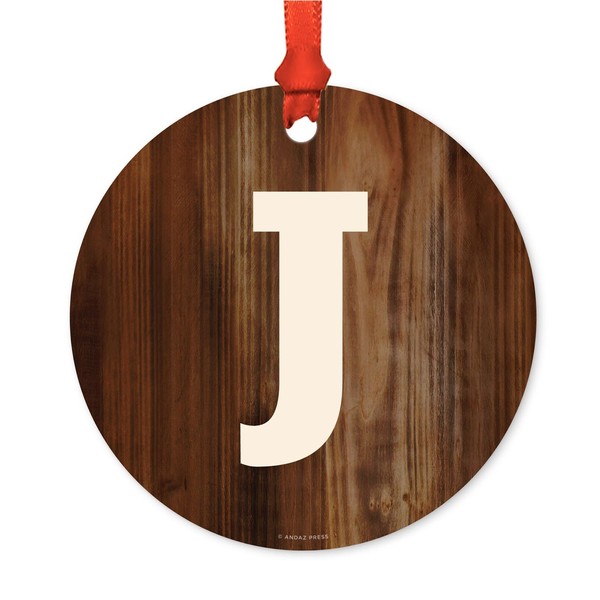 Andaz Press Family Metal Christmas Ornament, Monogram Letter J, Rustic Wood, 1-Pack, Includes Ribbon and Gift Bag