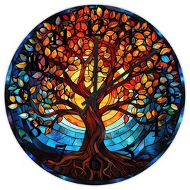 10 Inch Silent Non-Ticking Wood Wall Clocks Battery Operated Tree of Life Stained Glass Home Decoration for Home Big Tree Suncatcher Beautiful Round Wooden Wall Clock Country for Garden Workshop