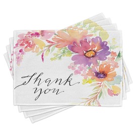 Lunarable Mothers Day Place Mats Set of 4, Cornflowers Peonies Romance Watercolor Bouquet Wedding Wreath Print, Washable Fabric Placemats for Dining Room Kitchen Table Decor, Soft Purple