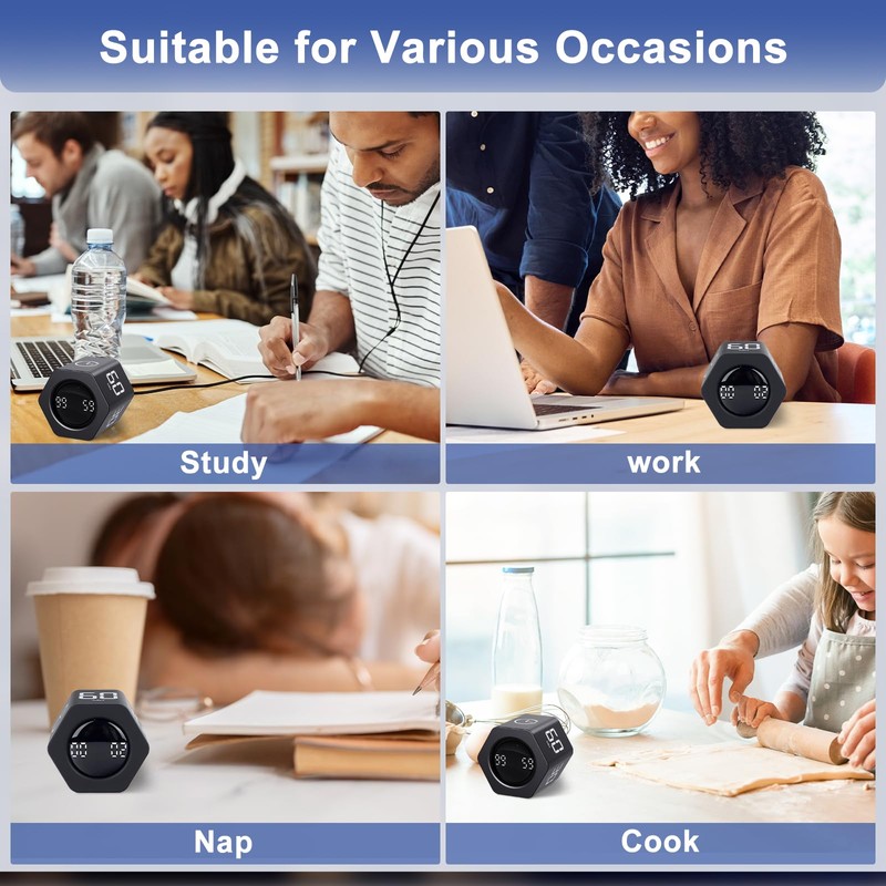 Foyucool Hexagon Digital Productivity Timer, Rotating Pomodoro Timer with 1-5-10-30-60