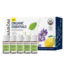 Pranarom - Top 5 Essential Oil Kit (5-Pack of 5ml) - Lavender, Peppermint, Tea Tree, Eucalyptus, and Lemongrass - 100% Pure Essential Oil | USDA and ECOCERT Certified Organic