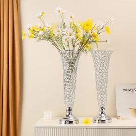 2 Pcs Crystal Trumpet Vases for Centerpieces, 20" Metal Floral Vase Centerpieces for Wedding Table Celebration, Wedding Flower Vase for Party Anniversary Birthday Home Décor