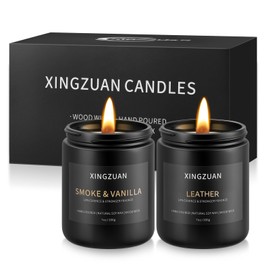 XINGZUAN 2PCS 10% Essence Smoky Vanilla Candle Set | Leather Scented Candle | Men's Room Decor | Black Soy with Wood Wick | Long Lasting 40 Hour Time | Ideal for Man Cave, Bedroom, or Officec