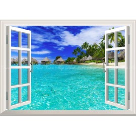Paintings Wallpaper Poster (Removable Sticker) - Window Scenery - Polynesia Bora Bora Bora Island Tropical Beach Water Cottage Resort Sea Healing [Window Specification/Trick Art] Caracro RPLN-001MA1 (A1 Edition, 830mm x 585mm) Architectural Wallpaper + W
