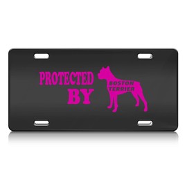 Press Fans - Protected by Boston Terrier Dog S.Steel Car SUV Truck License Plate Decorative Tag Black-D#j49