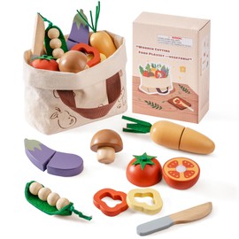 ROBOTIME Wooden Play Food Cutting Vegetable Set, Pretend Play Toy Food for Play Kitchen with Shopping Bag – Kids Kitchen Accessories, Wooden Veggie Toys for Boys & Girls