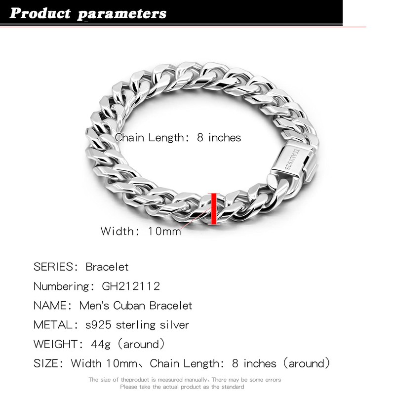 H&Beautimer Fashion 925 Sterling Silver Classic Cuban Chain Bracelet 10mm-7