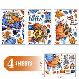 Mfault Hello Fall Blue Pumpkin Window Clings 4 Sheets, Autumn Truck Mason Jar Sunflower Stickers Decals Decorations, Maple Leaves Squirrel Scarecrow Seasonal Home Kitchen Decor