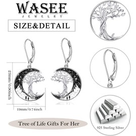 Tree of Life Earrings for Women 925 Sterling Silver Dangle Leverback Earrings Black Crescent Moon Family Tree Jewelry Gifts for Her
