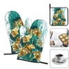 Teal Gold Green Leaves Oven Mitts and Pot Holders Set