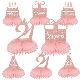 KEWUFD Pink Rose Gold 21st Birthday Honeycomb Centerpieces for Women/Girls, Happy 21st Birthday Party Supplies, Cheers to 21 Years Anniversary Party Supplies 8 Pcs (Double Sided Glitter Paper)