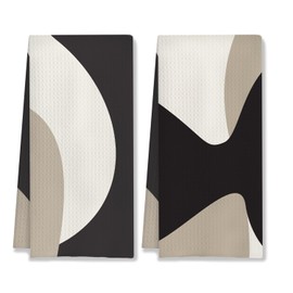 HUGANE Abstract Boho Black White and Beige Kitchen Towels, Minimalist Boho Neutral Hand Towels for Bathroom Gym Spa, Mid Century Modern Contemporary Towels for Kitchen, 16x24 Inch Set of 2 （Color-5）