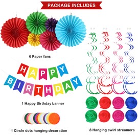 Happy Birthday Banner, Rainbow Happy Birthday Party Decorations with 6 Colorful Circle Parper Garland Paper Fans,8 Hanging Swirl Streamers,1 Circle Dots Hanging Decorations