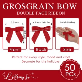 LiBongTa 50 PCs Red Bow 2.5" Grosgrain Ribbon Bow for Decorations, Small Bows for Crafts, Mini Bow Twist Tie Bows for Gift Wrapping, Premade Bows for Baby Shower, Wedding, Party, Candy, Treat Bags
