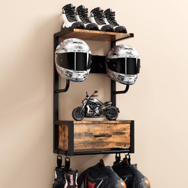 Motorcycle Helmet Holder Wall Mounted, Helmet Holder Wall Mount with Helmets Rack and Hooks for for 6 Helmets, Riding Suits & Accessories, Sturdy Construction Storage Organizer for Entryway or Garage