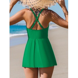 CUPSHE Women's One Piece Swimsuit Tummy Control Swim Dress Crisscross Ruched Skirted Bathing Suits with Bottom M, Green