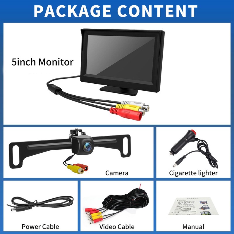 Kairiyard License Plate Backup Camera with 5in Monitor, 170 Degree