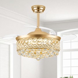 TXCSLY 42" Gold Fandelier Ceiling Fan with Light, Crystal Chandelier with Fan Retractable Ceiling Fan with Lights and Remote LED Dimmable Chandelier Fans for Bedroom Living Room Dinning Room Kitchen