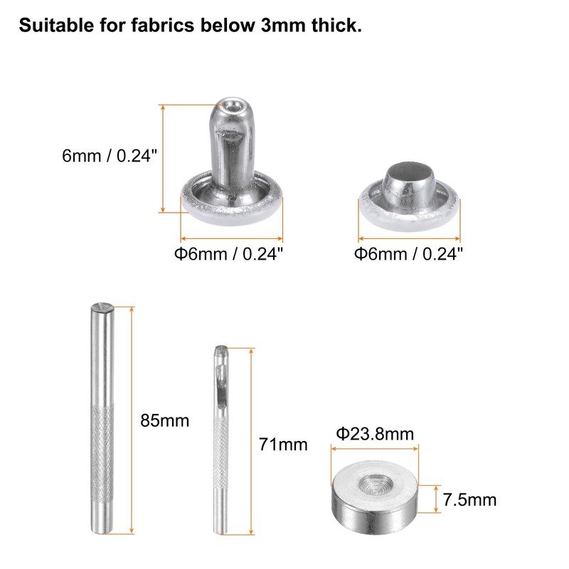 sourcing map 100 Sets Leather Rivets 6mm x 6mm Metal