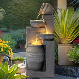 USSerenaY 4-Tier Outdoor Indoor Water Feature Fountain, 32" H Indoor Cascading Waterfall with 3 LED Lights, Floor Standing Garden Fountain for Garden, Deck, Backyard, Patio, Yard (Grey)
