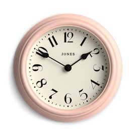 Jones Clocks® 'Frieze' wall clock – small round contemporary classic round clock in pink, with pretty numbers, 23cm, ideal for the kitchen, living room, office or bedroom