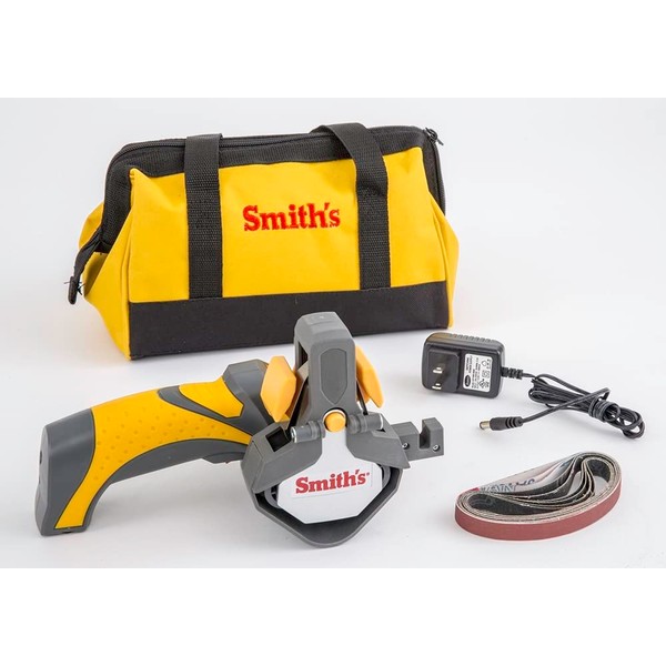Smith’s 50969 Cordless Electric Knife and Tool Sharpener – Yellow – Rechargeable – Portable – Soft Grip Handle – Replaceable Belts – Rotating Head – Canvas Bag Included