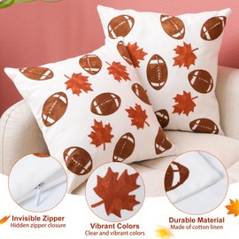 2 Packs Fall Football Embroidered Pillow Covers 18 x 18 Inch Autumn Maple Leaf Rugby Decorative Throw Pillow Covers Brown Farmhouse Pillowcases for Thanksgiving Sofa Bed Home Party Supplies Gifts