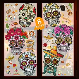 Yerliker 8 hojas Dia De Los Muertos Decoraciones, calcomanías para ventanas