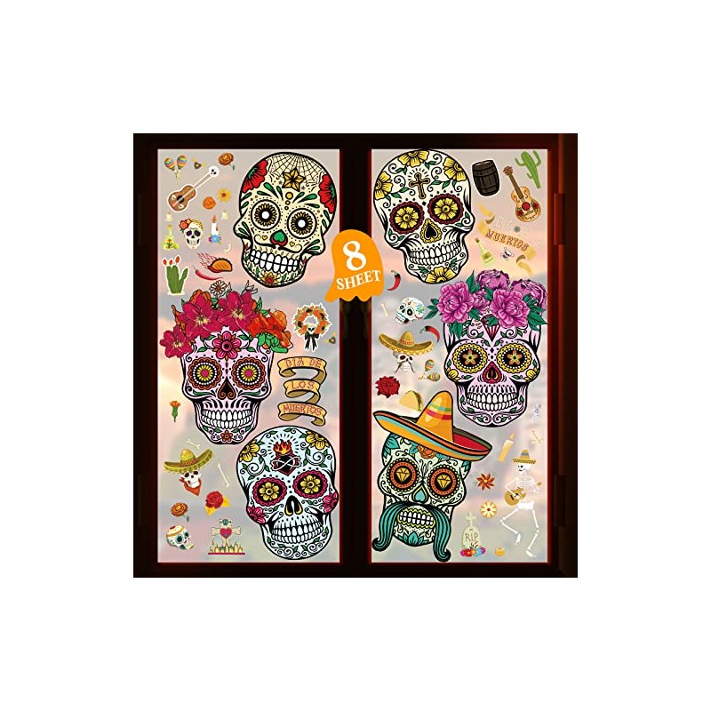 Yerliker 8 hojas Dia De Los Muertos Decoraciones, calcomanías para