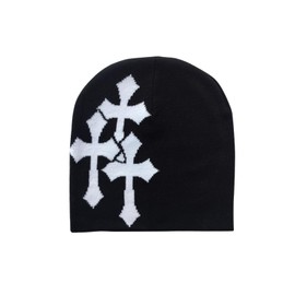 Y2K Gothic Cross Pattern Knit Beanie Unisex Warm Soft Acrylic Winter Hat, Fashion Streetwear Outdoor Ski Cap, Comfortable Knitted Beanie for Men Women (Black)