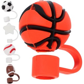 STOBAZA Tapas de Silicona para Pajitas Deportivas 5 Piezas Diseños de Baloncesto, Fútbol, Béisbol, Rugby y Tenis, Reutilizables, Protectores Anti Polvo para Vasos y Sorbetes en