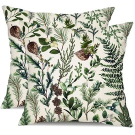 DFXSZ Christmas Pillow Covers 18x18 Inch Set of 2 Christmas Pine Branches with Berry Pine Cone Decorative White Throw Pillows Winter Christmas Decor for Home Couch ST025E18