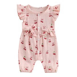 XIXIMAON Baby Girls Rompers Cherry Print Round Neck Flying Sleeve Bow Decor Button Down Bodysuits Infant Outfit Newborn Summer Clothes Linen Jumpsuit (Pink, 12-18 Months)