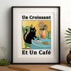 French Cafe Croissant Cat Print, Retro Drink Poster, Dining Room