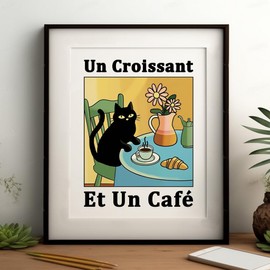 French Cafe Croissant Cat Print, Retro Drink Poster, Dining Room Print, Bistro Coffee Posters, Un Cafe Sil Vous Plait, Kitchen Decor Trendy Kitchen Decor (11 X 14 INCH Print Unframed)