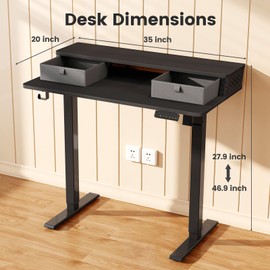 Standing Desk With Drawers and Brushless Motor ,35x 20 Inch Small Standing Desk For Walking Pad Sit Stand Desk Electric for Home Office & Gaming,Ergonomic Stand Up Desk,3 Memory Height Preset & Hooks