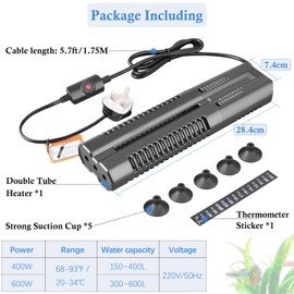 PYPABL 400W Double Tube Aquarium Heater, Adjustable Aquarium Heater with Protective Cover, Sturdy Fish Tank Heater with External Protective Cover, for 150-400L Fresh Water/Saltwater Tank