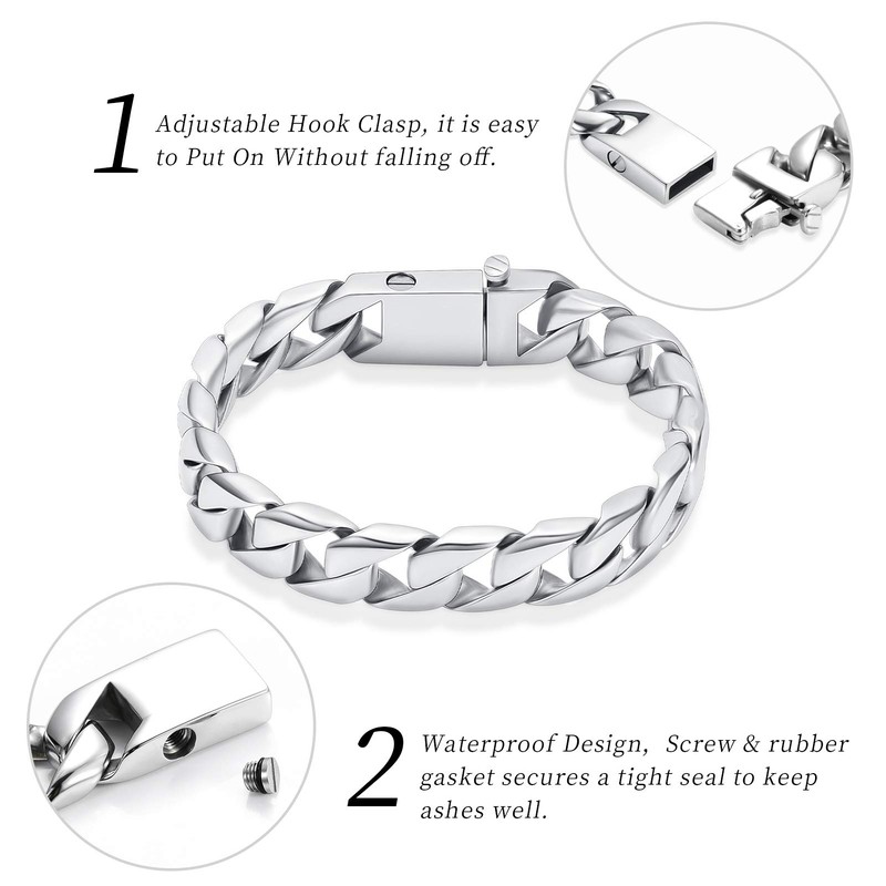 Cremation Urn Bracelet for Human Ashes for Men, Silver Cuban