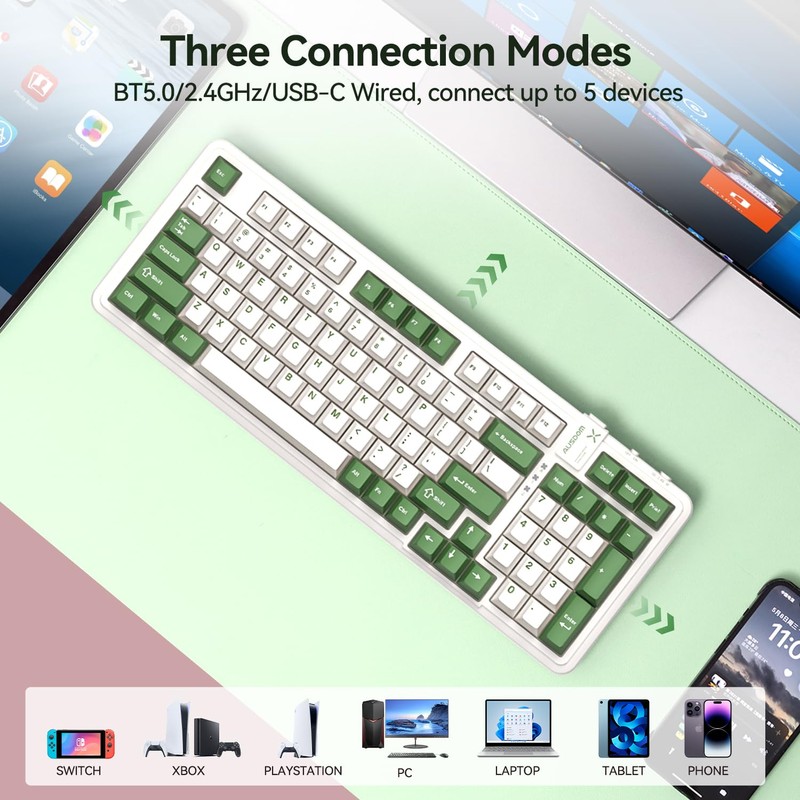 AUSDOM 98Pro Silent Mechanical Keyboard, Wireless Hot Swappable Gaming Keyboard
