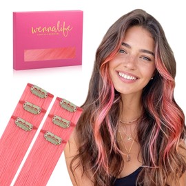WENNALIFE Light Pink Clip in Hair Extensions Real Human Hair 35g 6pcs 14 Inch Colored Hair Extensions for Kids Women Colorful Hair Pieces Pop-up Style Straight Extensiones De Cabello Humano Con Clip