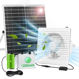 Solar Powered Fan with Battery Run Day/Night, 22W 9.8" Solar Fan for Chicken Coop with 12000mAh Battery, Waterproof Solar Greenhouse Fan for Shed, Chicken Coop, Greenhouse