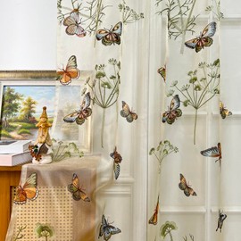 AiFish Embroidered Butterfly Window Semi Sheer Curtains for Kids Room Country Style Dandelion Pattern Room Divider Rod Pocket Tulle Gauze Voile Panel Drapes for Living Room 1 Panel W39 x L84 inch