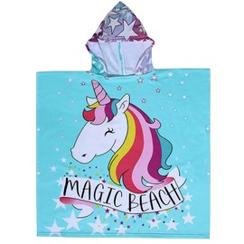 JFAN Hooded Towel Children's Beach Bath Poncho Children's Cartoon Animated Bath Towel Hooded Ponchos Swimming Bathrobe for Boys and Girls from 2-10 Years Unicorn Blue