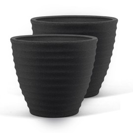 ARBORA 13" Ibiza Polyresin Indoor and Outdoor Planter with Classic Black Finish - Durable, Weatherproof, Lightweight, Large Plant Pot for Patio, Garden, Deck, Entryway - 2 Pack